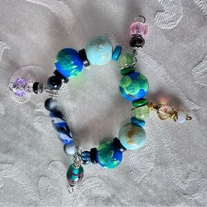 Artisan Charm Bracelet Aventurine and Hand Painted Wood Beads, Glass 00815 P